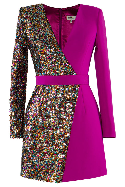 Half Sequined V Neck Mini Dress
